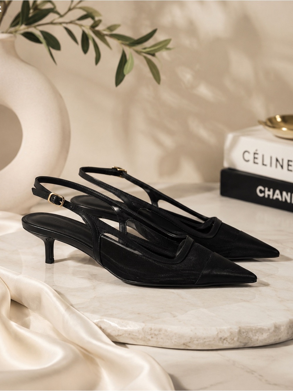 Pointed Slingback Flats in Black by